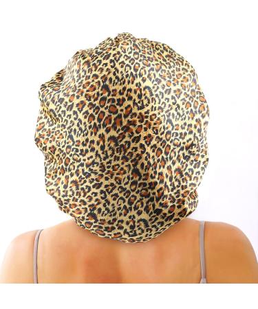 greatremy Satin Braid Bonnet Double Layer Sleep Cap Scruchie  Silky Night Hat Large Bonnet for Women Curly  Long Natural Hair Dreadlocks  Braids  Locs Sleeping (Leopard Grain)