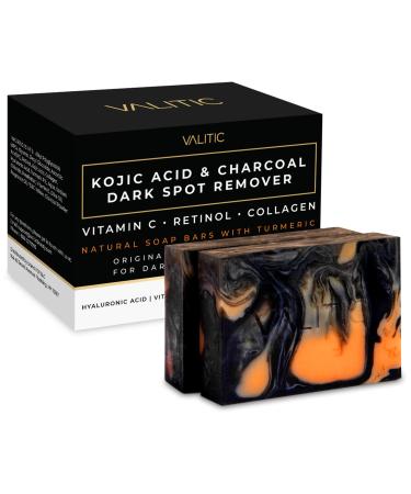 VALITIC Charcoal Kojic Acid Turmeric Black Soap Bar Dark Spot Remover for Body or Face Wash - 2 Pack