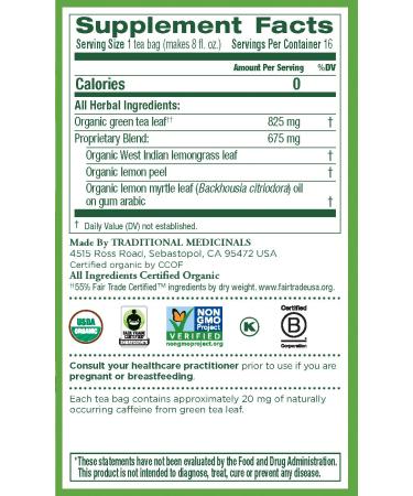 Traditional Medicinals Organic Green Tea with Lemongrass - 16 Count (Pack of 6) | Mildly Invigorating - Buy Online on GoSupps.com