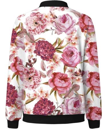 Women's Light Bomber Jacket with Flower Pattern - Casual Aviator Zipper Jacket for Summer - Stylish College Outwear in Red - Buy Online on GoSupps.com