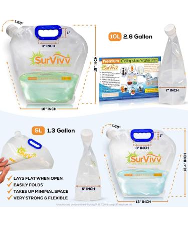SurVivv Premium Collapsible Water Container Bag - Odorless, Leak-Free, BPA-Free, 2.6 Gallon, 6-Pack - Ideal for Sports, Camping, Hiking, and Backpacking - Buy Online on GoSupps.com