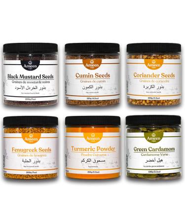 Ameen Spice Bundle 6 Jars: Black Mustard Seeds 7 oz Cumin Seeds 4.2 oz Coriander Seeds 3.5 oz Fenugreek Seeds 7 oz Turmeric Powder 5.3 oz Green Cardamom 3.5 oz | Premium Whole Spices & Ground