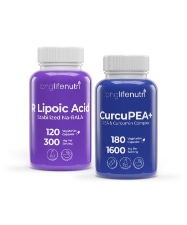 LongLifeNutri R-Alpha Lipoic Acid 300 mg + CurcuPEA+ (Palmitoylethanolamide + Turmeric Complex 600/1000 mg) Bundle - 120-180 Capsules Cellular Energy & Natural Antioxidant GMP Certified Made in USA