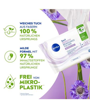 Nivea 3in1 Sensitive Cleaning Towels - Gentle Facial Cleansing with Dexpanthenol Alcohol-Free Makeup Wipes for Sensitive Skin (25 Pieces) - Buy Online on GoSupps.com