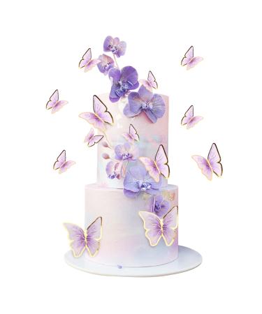 Cyodoos 30pcs Purple Gold Edge Mixed Size Lively 3D Butterfly Cupcake Topper for Girls Women's Happy Birthday Wedding Party Cake Wall Party Food Decorations