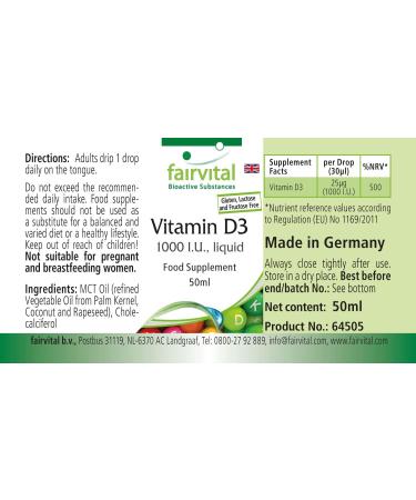 Fairvital | Liquid Vitamin D3 - 1000 IU per drop vegetarian from lanolin - 50 ml vitamin D3 oil - Buy Online on GoSupps.com