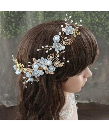 Minkissy Wedding Hair Comb - Pearl Crystal Bridal Hair Clip with Rhinestone Flower Decoration in Blue | Ideal Wedding Hair Accessory for Bride & Bridesmaids - Buy Online on GoSupps.com