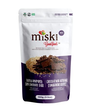 Miski Good Foods Dark Chocolate Bark with Puffed Amaranth Handcrafted 85% Dark Chocolate 100% Organic Vegan Non-GMO 100g