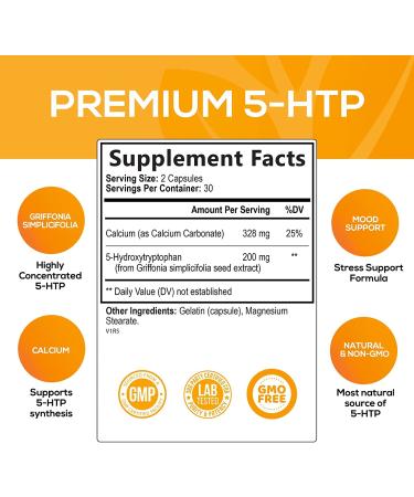 5-HTP 200mg Capsules Extra Strength Stress Support | Made in USA | Best 5-Hydroxytryptophan Supplement for Men and Women | Mood Support 60 Capsules (1 Pack) - Buy Online on GoSupps.com