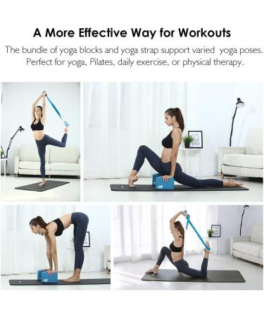REEHUT Yoga Block 2 Pack & Metal D Ring Yoga Strap 1 Pack Combo Set - High Density EVA Foam Support Block & 8FT Stretching Belt for General Fitness - Black/Cyan - Buy Online on GoSupps.com