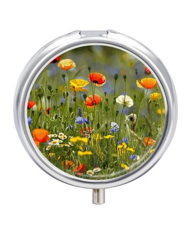 Pill Box Pill Case 3 Compartment Travel Pill Box Wild Flowers and Grass Printing Small Pill Box Portable Medicine Pill Case Pill Organizer for Purse & Pocket for Travel Handbag (Round)