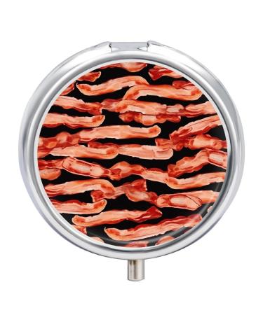 Round Pill Box Bacon Pattern Print 3 Compartment Medicine Pill Case Print Pill Organizer Decorative Metal Portable Pill Box Pocket Pill Box Style