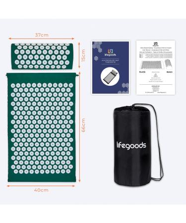 Lifegoods Acupressure Mat with Pillow - Battery-Powered Massage & Acupuncture Mat for Back Pain Relief - Green & White - Buy Online on GoSupps.com