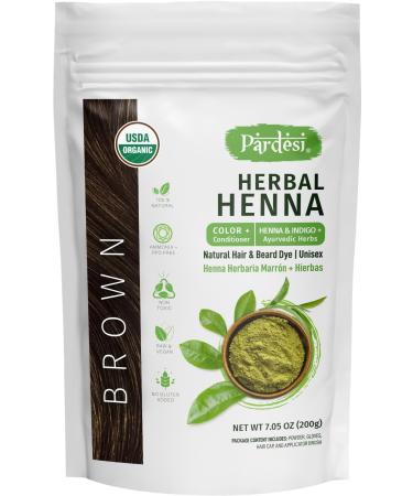 Pardesi Hair Henna Powder I USDA Organic I 7.05 oz (200 Gram) | Natural Hair & Beard Dye I Unisex I Brown Color I Amonia and PPD Free I Includes Gloves Hair Cap and Applicator I From India