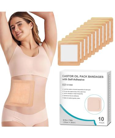 10Pcs Castor Oil Pack Wrap for Liver Stomach Belly Button | 8.7"*7.9" Organic Cotton Pads | Highly Absorbent Self-Adhesive Disposable Patches | No Wash 100% Leak-Free(Oil Not Included) US Patented 10 Count (Pack of 1)