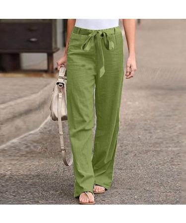 Gufesf Women's Cotton Linen Palazzo Pants, High Waisted Wide Leg Trousers with Pockets - Green Medium - Buy Online on GoSupps.com