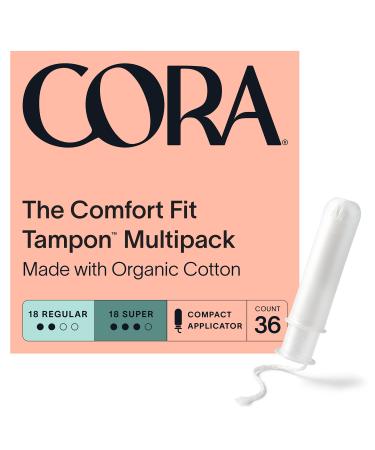 Cora Organic Applicator Tampons | Regular/Super Absorbency | 100% Cotton Core, Unscented, BPA-Free Compact Applicator | Leak Protection, Easy Insertion, Non-Toxic | Packaging May Vary (36 Count) 36 Count (Pack of 1)