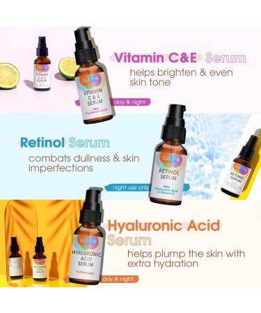 Intro Offer: Retinol + Vitamin C + Hyaluronic Acid Anti-Aging Face Serum by GLEOW - 3x1 fl oz Pack - Buy Online on GoSupps.com