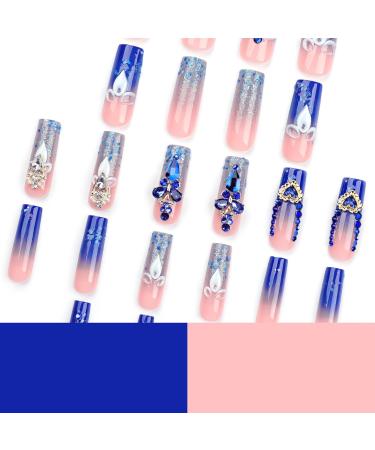 Royal Blue Press On Nails - Long Square Acrylic False Nails with Rhinestones | 24pcs | Perfect Mother's Day Gift - 240412 - Buy Online on GoSupps.com