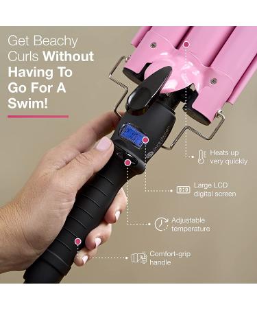 3 Barrel Curling Iron Wand - Triple Barrel Hair Waver for Soft Beach Waves - Dual Voltage, Adjustable Temperature - Pink - Buy Online on GoSupps.com