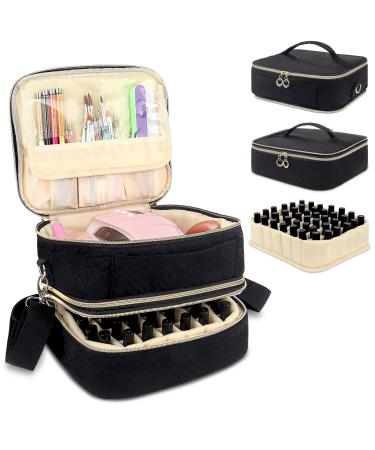 Nail Polish Organizer Case Detachable Double Layer Nail Polish Organizer Bag Holds Up 42 Bottles Portable Nail Polish Organizer Holder with Storage Pockets Travel Bag Manicure Storage Bag(Black)
