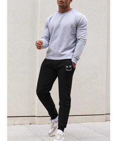 Renaowin Men's Lightweight Slim Fit Sweatpants with Drawstring Waist and Pockets - Black Smiley Pattern | Ideal for Workout, Running, Gym - Size Large - Buy Online on GoSupps.com