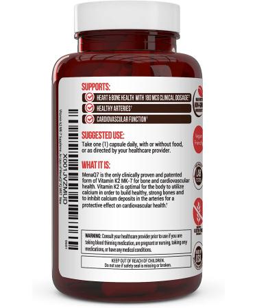 Vitamin K2 MK-7 180mcg Supplement - Promotes Bone & Heart Health - 60 Veg Caps MenaQ7 K2 MK7 - Buy Online on GoSupps.com