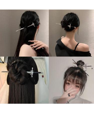Chinese Style Sword Shaped Hair Chopsticks Set with Red Gemstone - 3 PCS Hair Accessory for Women and Girls (Type A) - Buy Online on GoSupps.com