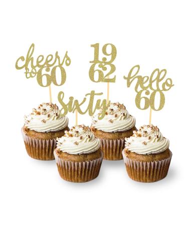 24 Pcs Glitter 60th Birthday Cupcake Toppers for Celebrating Sixty Years Old Birthday Party Decorations (Gold)