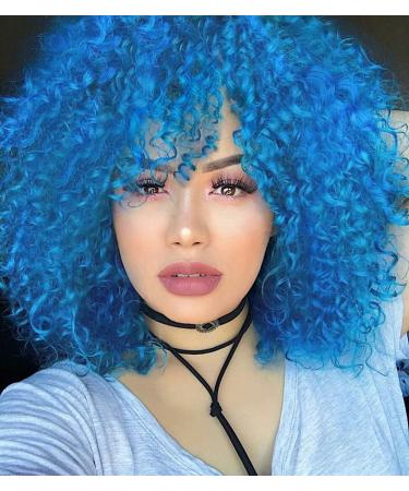WIGER Short Blue Curly Afro Wigs for Black Women Blue Kinky Curly Wig with Bangs Bomb Curly Hair Synthetic Glueless Full Wigs Heat Resistant Fiber