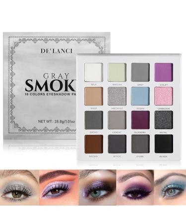 Grey Smokey Eyeshadow Palette  DE'LANCI 16 Colors Black White Violet Smoky Eye Shadow Pallet Matte Shimmer Neutral Sliver Glitter Shades Pallets for Blue Eyes High Pigment Cool Tone Eye Makeup Palette