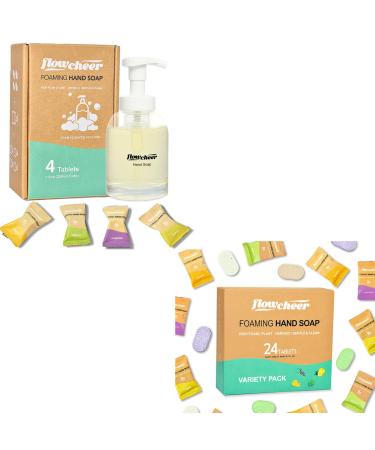 flowcheer Foaming Hand Soap Starter & Refill Bundle Crystal Clear Glass Foaming Hand Soap Dispenser + 28 Scented Soap Refill Tablets (28 9 fl oz) Variety Fragrance Airbnb Exclusive Value Set