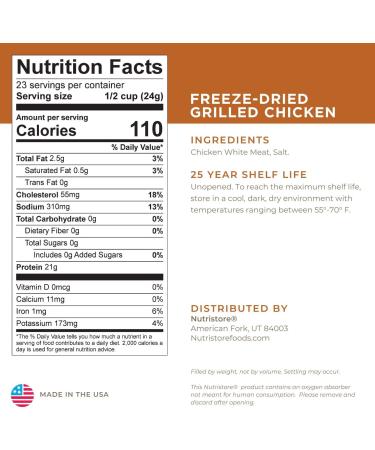 Nutristore Freeze-Dried Grilled Chicken - Premium Pre-Cooked Breast | Survival & Camping Food | USDA Inspected | 25-Year Shelf Life - 1 Pack - Buy Online on GoSupps.com