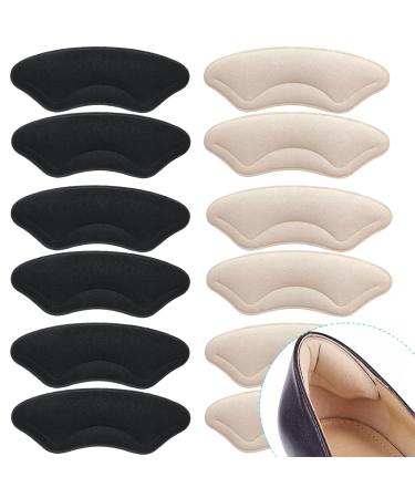 6 Pairs Comfowner Heel Cushion Pads, Comfort Shoe Grips Snugs for Big Shoes Loose Shoes Heel Blisters and Heel Pain, Heel Protectors Liners for Men and Women Black+beige