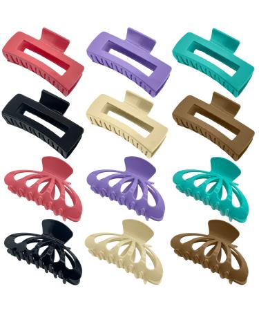 HAIRZY 12 Pack Large Hair Claw Clips for Thick & Thin Strong Hold Nonslip Jaw Big Clamps of 2 Styles with 6 Colors 4.27'' and 4.14'' - Styling Accessories- Clip Pack Ivory Green Black Purple