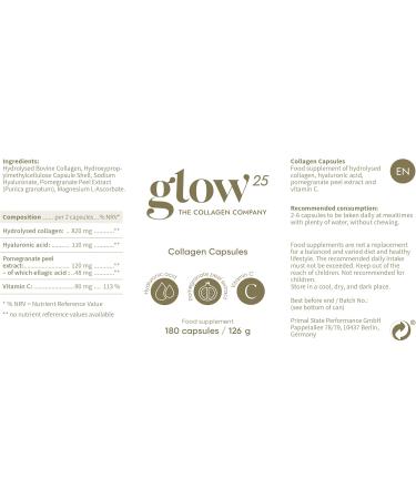 Buy Glow25 Collagen Capsules High Dose 180 Capsules with Hyaluronic Acid & Vitamin C | Premium Collagen Complex for Beautiful Skin | Lab Tested & Made in Germany - Buy Online on GoSupps.com