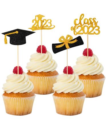 SANNIX 96Pcs Graduation Cupcake Toppers 2023 Double-Sided Glitter Graduation Themed Class of 2023 Grad Cap Diploma Cupcake Picks for Graduation Party Decorations 2023 Cake Topper Supplies (Gold)