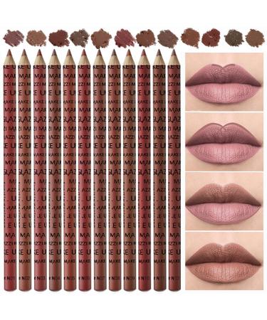 12 Pcs Natural Nude Brown Beige Colors Lip Liner Lipstick Pencils Set for Daily Makeup Easy to Apply & Remove Waterproof (B) set-B