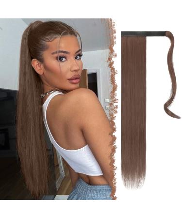 FESHFEN Straight Long Wrap Around Ponytail Extensions 28 Synthetic Hair Piece Clip in Ponytail Hair Extensions Hairpiece for Women Girls 28 Inch (Pack of 1) 12# Light Golden Brown-Wrap Around