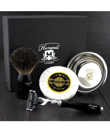 Haryali London 4 Pc Black Mens Shaving Kit 3 Edge Razor with Black Badger Hair Shaving Brush Bowl Soap Perfect Set for Men