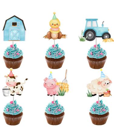 24 Pcs Farm Animal Cupcake Toppers Blue Cupcake Picks for Boys Animal Theme Barnyard Baby Shower Birthday Party Cake Decoration Supplies