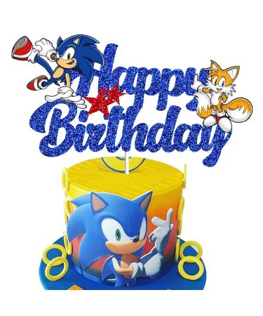 Blue Hedgehog Happy Birthday Cake Topper, Hedgehog Birthday Party Cake Decorations Supplies for Kids Birthday, Hedgehog Cake Decor Glitter Double Sided Cake Topper