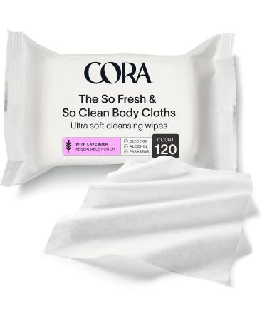 Cora Body Cloths | Cleansing Wipes | Lavender Scent | All Over Refresh | Intimate Areas | Moisturizing and Hydrating | pH Balance | Soothing Aloe | Pouch | Packaging May Vary (120 Count) Lavender Pouch (30 Count Pack of 4)