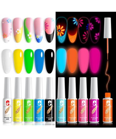 Gel Liner Nail Art Polish 9 Colors Thin Brush UV LED Soak Off Required Professional Paint Design Supplies Salon Home DIY (5 Neon + 4 Glow) 5 Neon + 4 Glow Colors