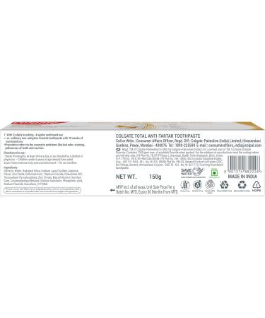 Colgate Total Anti-Tartar Toothpaste | Anti-Germ Tooth Paste | Colgate Paste Toothpaste with 1.5X Better Tartar Reduction (150gm) - Buy Online on GoSupps.com