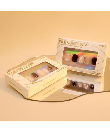 Mouyouglow Short Squoval Black Nude Cat Eye Press On Nails | Glossy Artificial Fingernails with Glue - Q31 - Buy Online on GoSupps.com