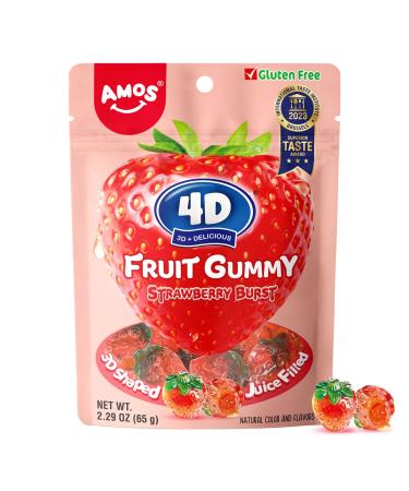 Amos Fruit Gummy Strawberry Burst 4D Strawberry Gummy Candies with Filled Hearts Natural Flavor Fruity Treats 65g Bag (Pack of 3)