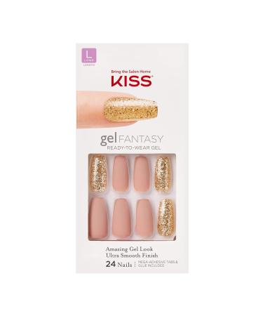 KISS Gel Fantasy Ready-to-Wear Press-On Sculpted Gel Nails Background Long Pink and Gold High Arch Nail Kit with 24 Mega Adhesive Tabs Pink Gel Glue Manicure Stick Mini File and 28 Fake Nails 24 Count (Pack of ...