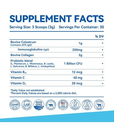 Bovine Colostrum & Collagen Powder for Gut Health Immune Support Hair Growth & Beauty Supplement Sugar Free IgG Probiotics Vitamin B12 C D3 Unflavored 30 Servings Colostrum+Collagen 3.52 Ounce (Pack of 1) - Buy Online on GoSupps.com