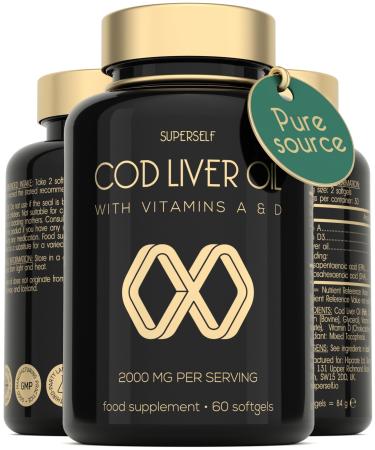 Cod Liver Oil Capsules - High Strength 2000mg - 60 Softgel Tablets - Rich in Omega 3 EPA DHA & Vitamins A and D - 1000mg Arctic Cod Liver Oil per Capsule - Odourless & Burp-Free Fish Oil - UK Made